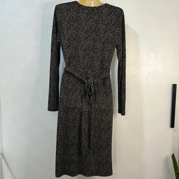 ANN TAYLOR WRAP DRESS WOMEN SIZE 6 BLACK TAN LONG SLEEVE ANIMAL PRINT - Picture 3 of 15